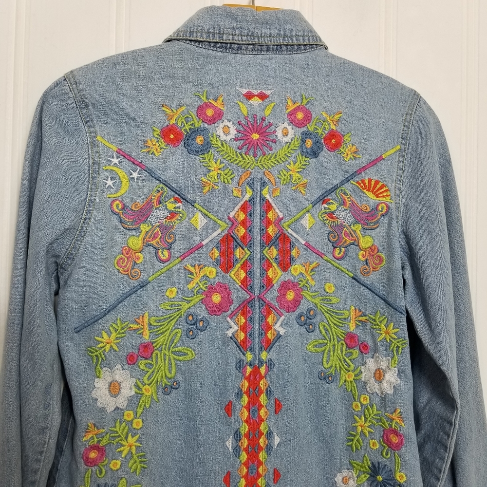 Free People Home Made Denim Shirt Wunderlust Embroidered Sz L - Picture 7 of 15